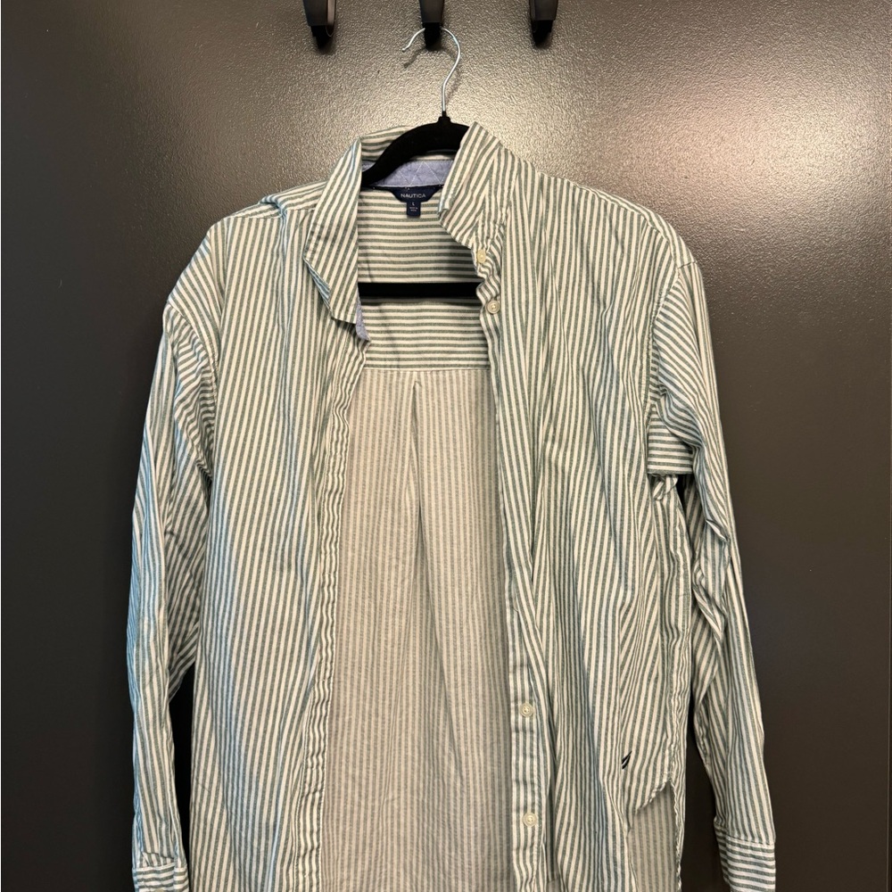 Nautica Green and White Striped Shirt